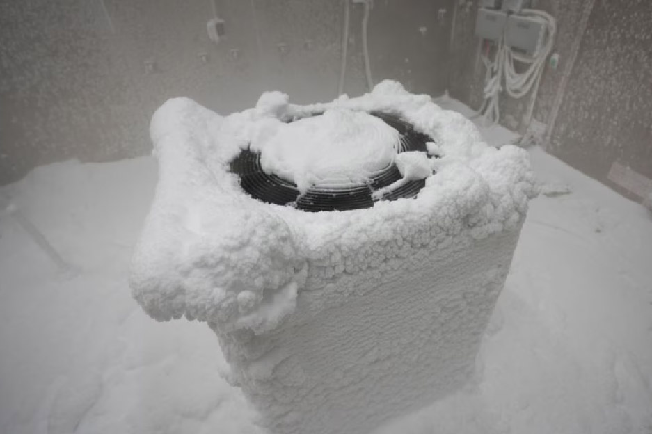 HVAC unit covered in snow